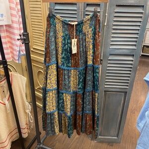 Easel Printed Rayon Gauze Tiered Teal Brown Maxi Skirt